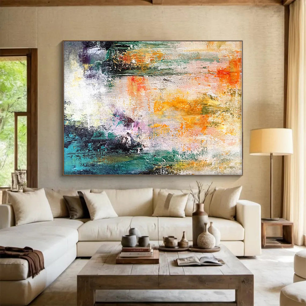 Large Size Multicolor (Orange, Yellow, Green, Purple, Teal) Abstract Energetic Brushstrokes Painting On Canvas PT276