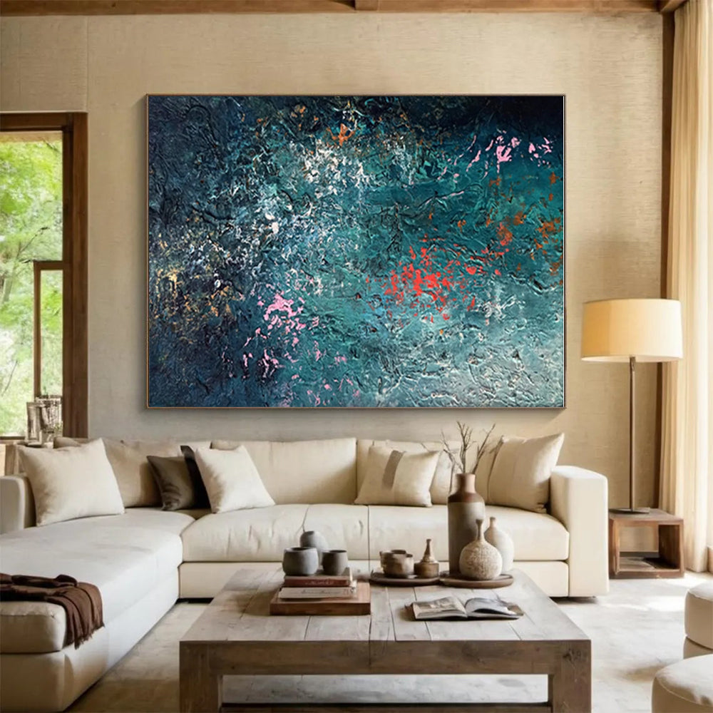 Unique Abstract Art in Teal, Red, Pink, and White Textural Abstract Sea-Inspired Painting On Canvas PT275