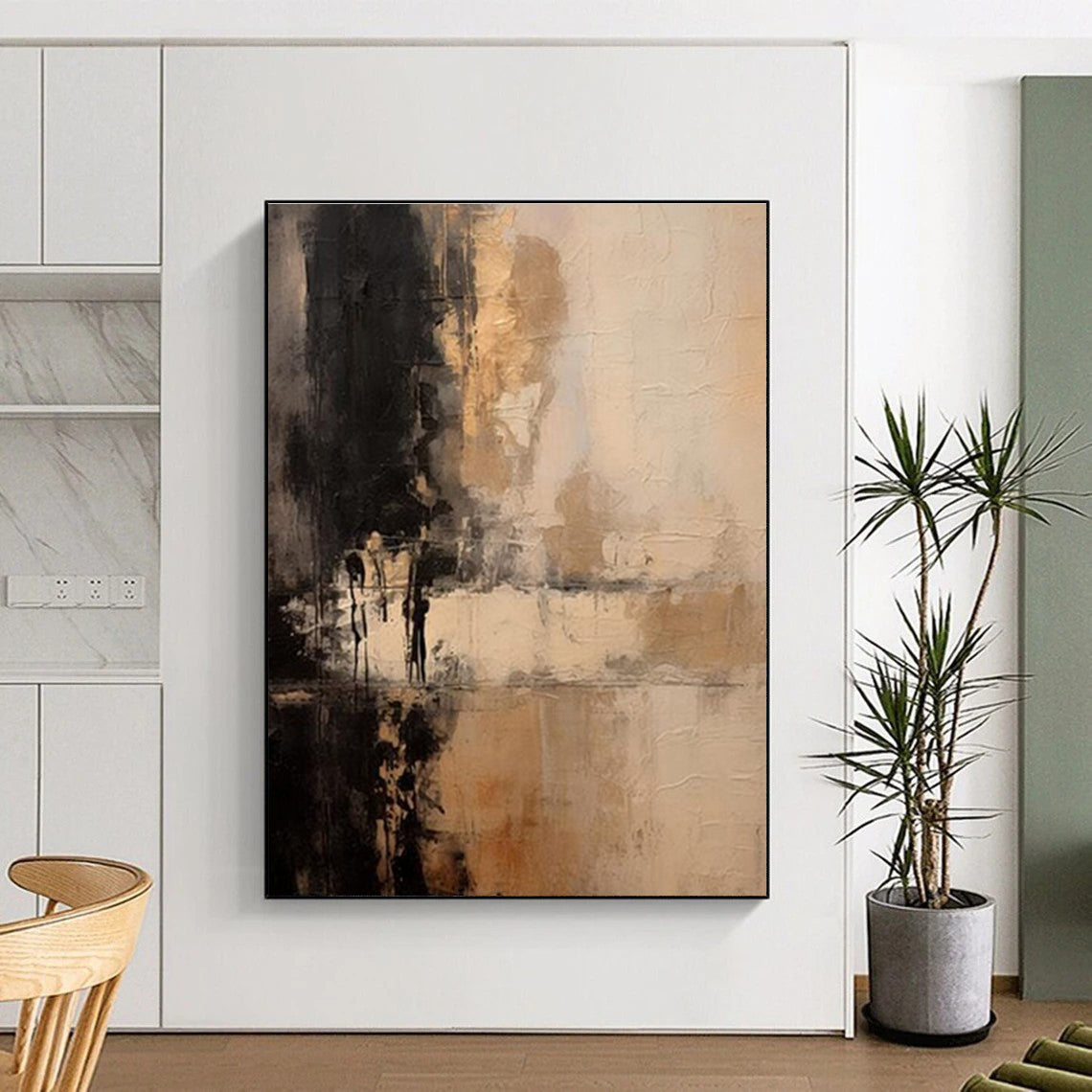 Minimalist Canvas Art Black Beige Textured Abstract Art PT367