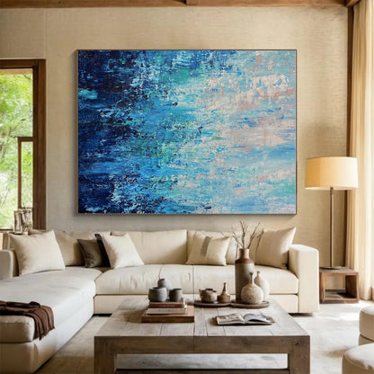 Oversized Abstract Wall Art in Shades of Blue and Teal, Hand-Painted Acrylic PT289