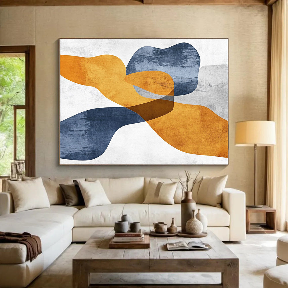 Handmade Art Orange, Blue & Gray Geometric Abstract Painting On Canvas PT124