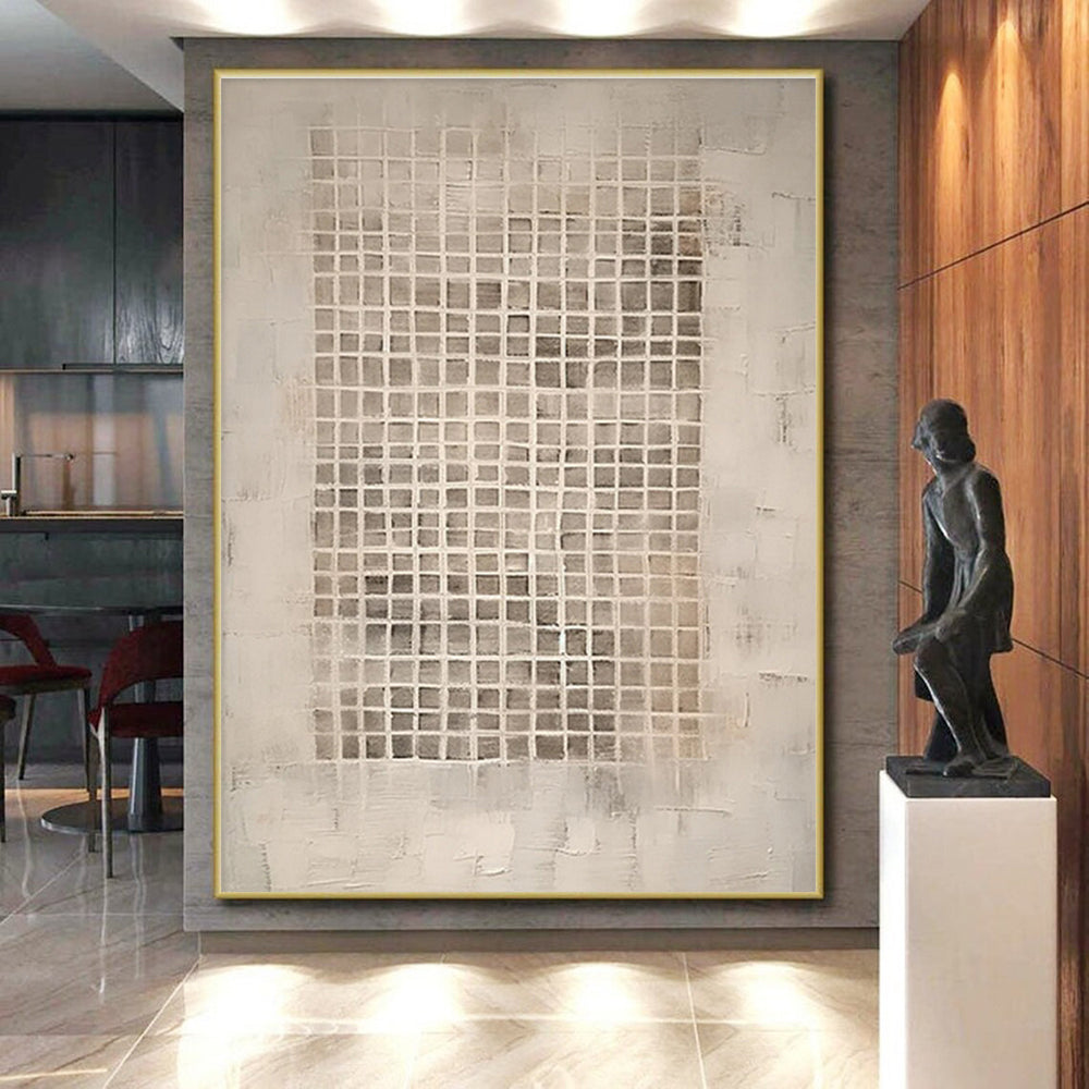 Minimalist Canvas Art in Beige and Gray Grid Pattern, Handmade Art PT299