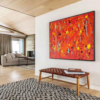 Hand Painted Art Vibrant Red, Orange, Yellow & Teal Splatter Abstract Painting On Canvas HPS075