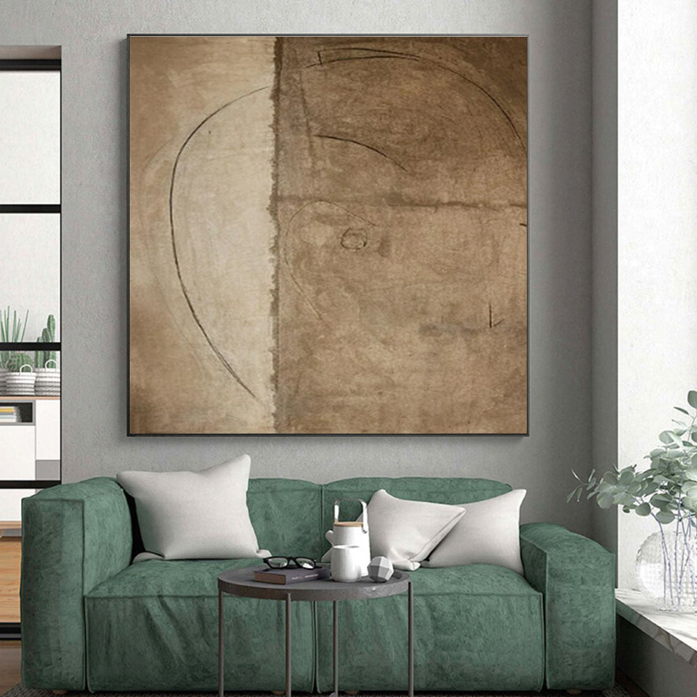 Minimalist Canvas Art - Monochrome Brown & Beige Subtle Lines Abstract Drawing PT563