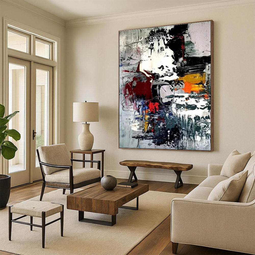 Hand-Painted Multicolor (Red, Black, White, Yellow, Blue) Abstract Energetic Shapes Painting On Canvas PT271