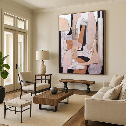 Large Contemporary Wall Art in Beige, Pink, Black, and White Abstract Geometric Compositions PT247