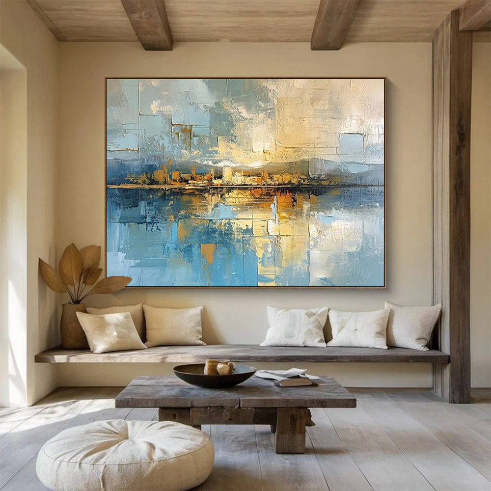 Hand-Painted Blue, Beige, and Gold Abstract City Reflection Art HPS381