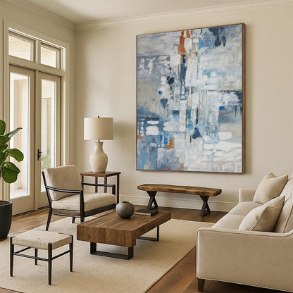 Large Size Blue, Gray, and White Abstract Painting with Fluid Forms, Large Painting In Living Room PT207