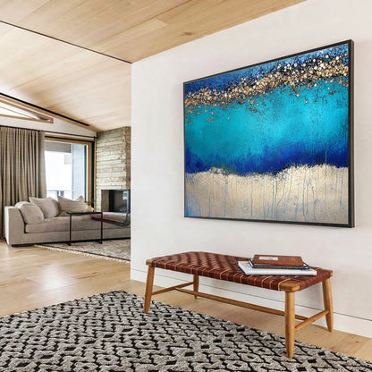 Large Size Blue and Gold Textured Abstract Coastal Art HPS324