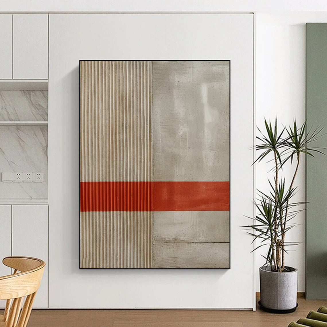 Minimalist Canvas Art with Beige, Gray, and Red Geometric Lines, Handmade Art PT203