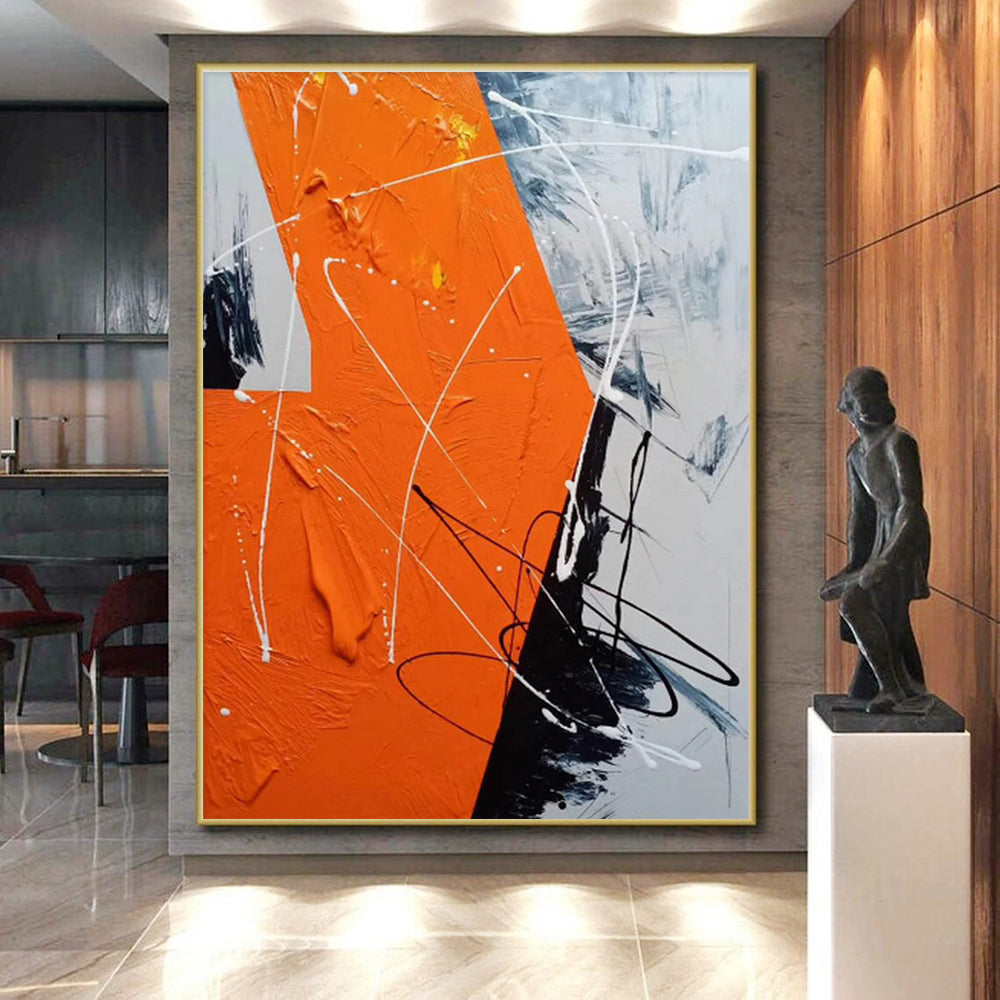 Large Painting In Living Room Orange Black White Textured Abstract Art PT409