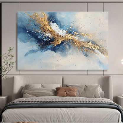 Hand Painted Art Blue, Gold & White Splatter Abstract Painting HPS264