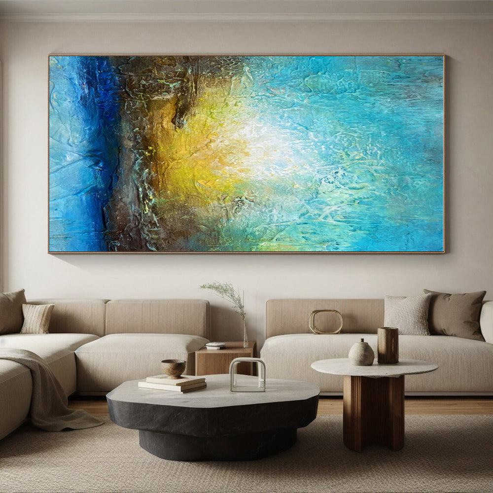 Cool Abstract Paintings with Turquoise, Yellow, and Blue, Hand-Painted Modern Art PT290