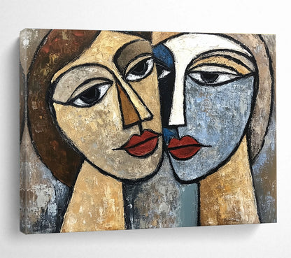 Hand-Painted Brown, Blue, Red & Beige Cubist Portrait Abstract Painting HPS254