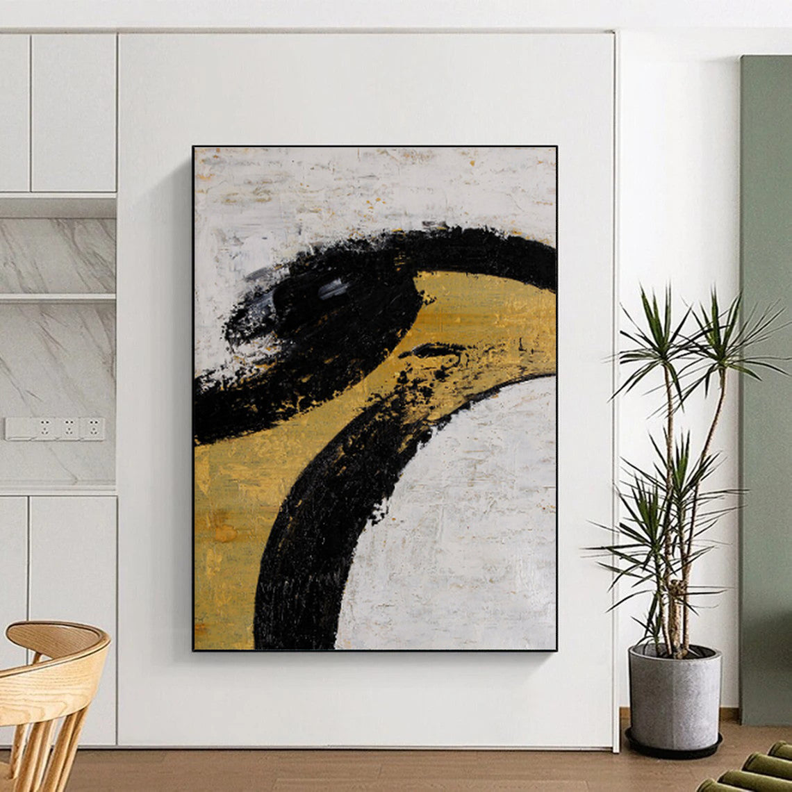 Unique Abstract Art with Black, Gold, and White, Handmade Art Piece PT285