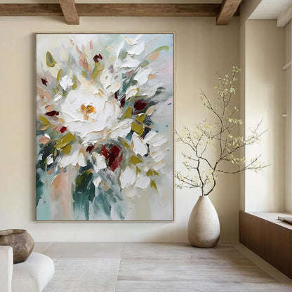 Hand-Painted White, Green & Red Floral Abstract, Paintings For House DPS501