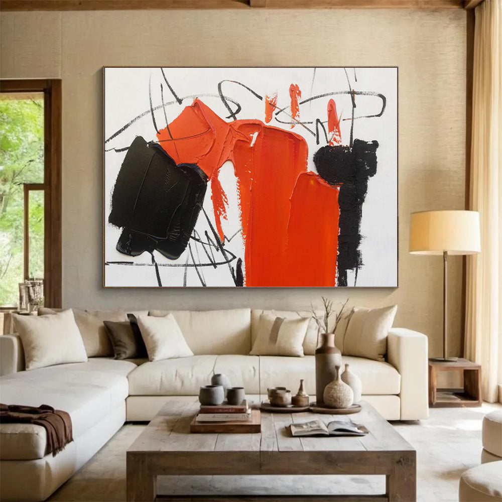 Oversized Abstract Wall Art Orange Black White Abstract Expressionist Art PT477
