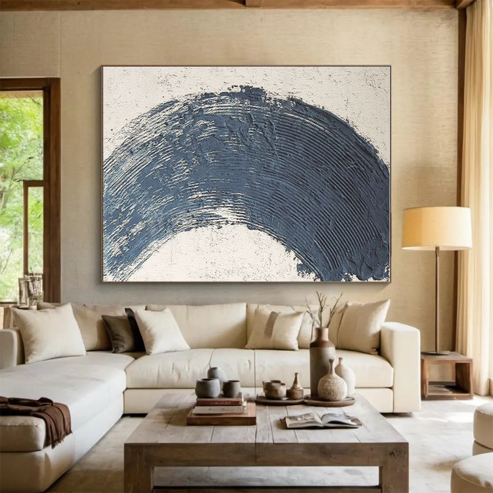 Hand-Painted Navy Beige Circular Abstract Textured Acrylic Art PT445
