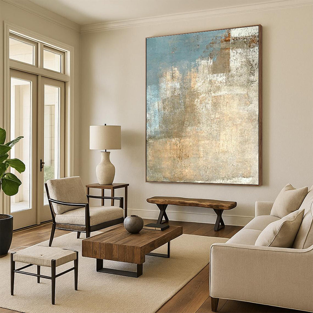 Large Size Beige Blue Textured Abstract Landscape Art PT499