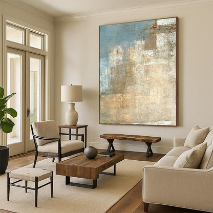 Large Size Beige Blue Textured Abstract Landscape Art PT499