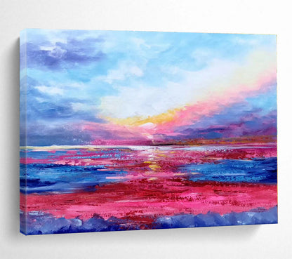 Hand-Painted Pink, Blue & Purple Sunset Sea Abstract Painting On Canvas HPS076