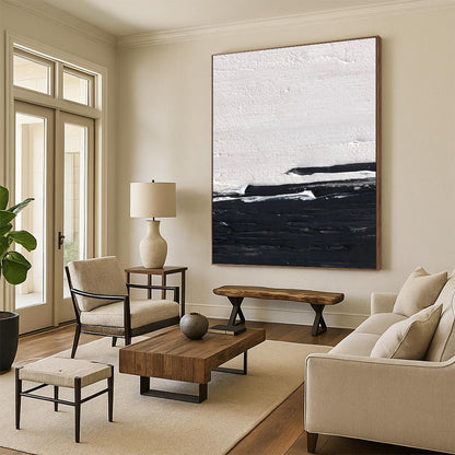 Minimalist Canvas Art in Black and White Textural Abstract Lines Painting On Canvas PT273