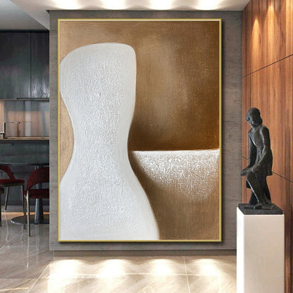 Large Abstract Painting For Living Room, Brown White Abstract Minimalist Sculpture-Inspired Art PT161