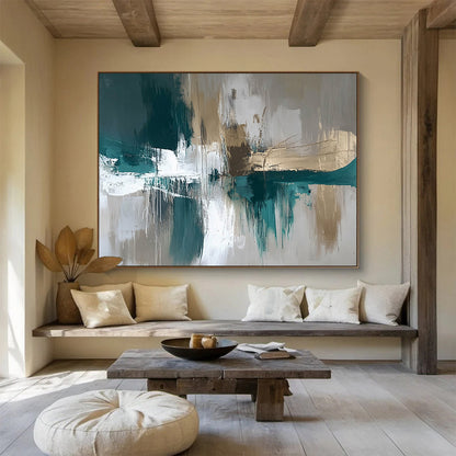 Modern Art Acrylic Teal, Gold, Gray & White Textured Abstract Painting HPS299