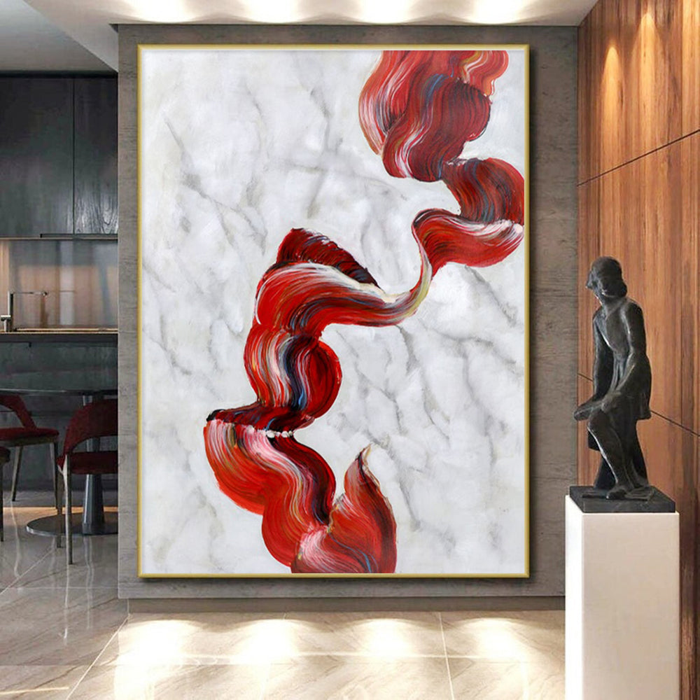 Hand-Painted Red White Textured Abstract Art PT396