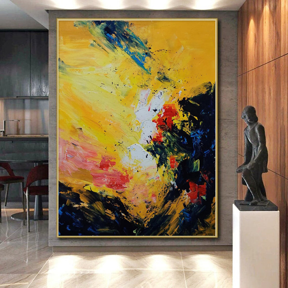 Oversized Abstract Wall Art Yellow, Red, Blue & Black Textured Abstract Painting On Canvas PT068