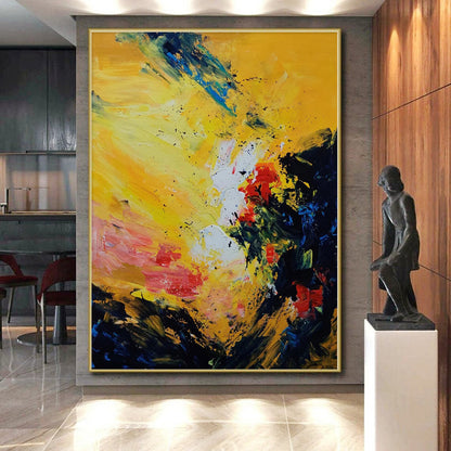 Oversized Abstract Wall Art Yellow, Red, Blue & Black Textured Abstract Painting On Canvas PT068