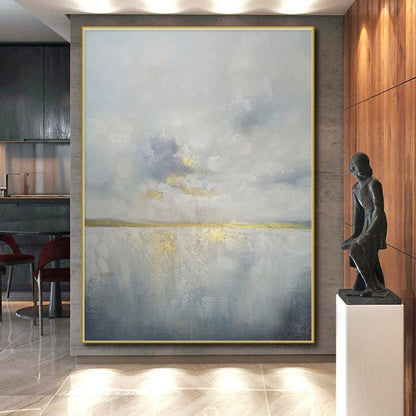 Large Size Gray, Blue, and Gold Textured Landscape Abstract Art PT773