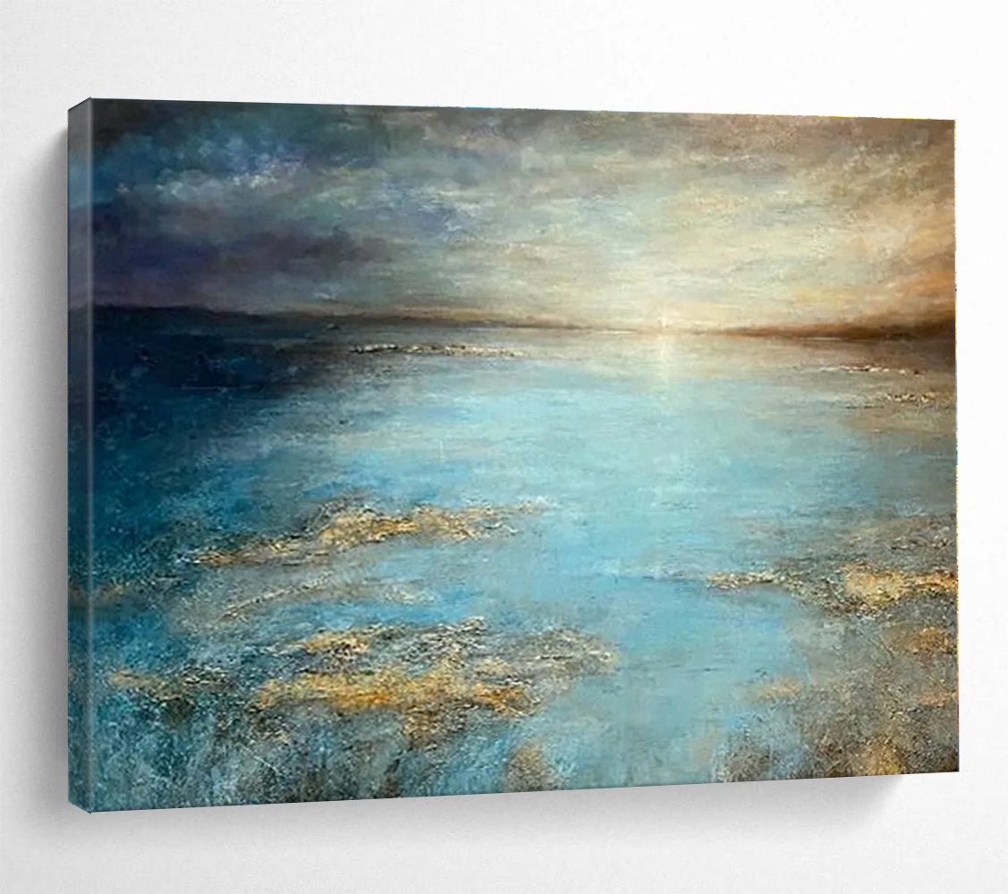 Hand Painted Art Blue & Gold Seascape Abstract Painting On Canvas HPS134