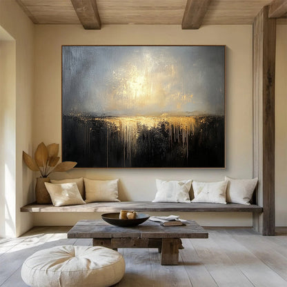 Modern Art Acrylic Gray, Gold & Black Textured Landscape Abstract Painting HPS269