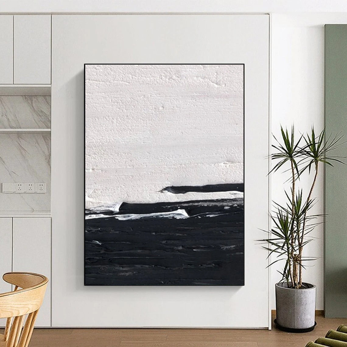 Minimalist Canvas Art in Black and White Textural Abstract Lines Painting On Canvas PT273