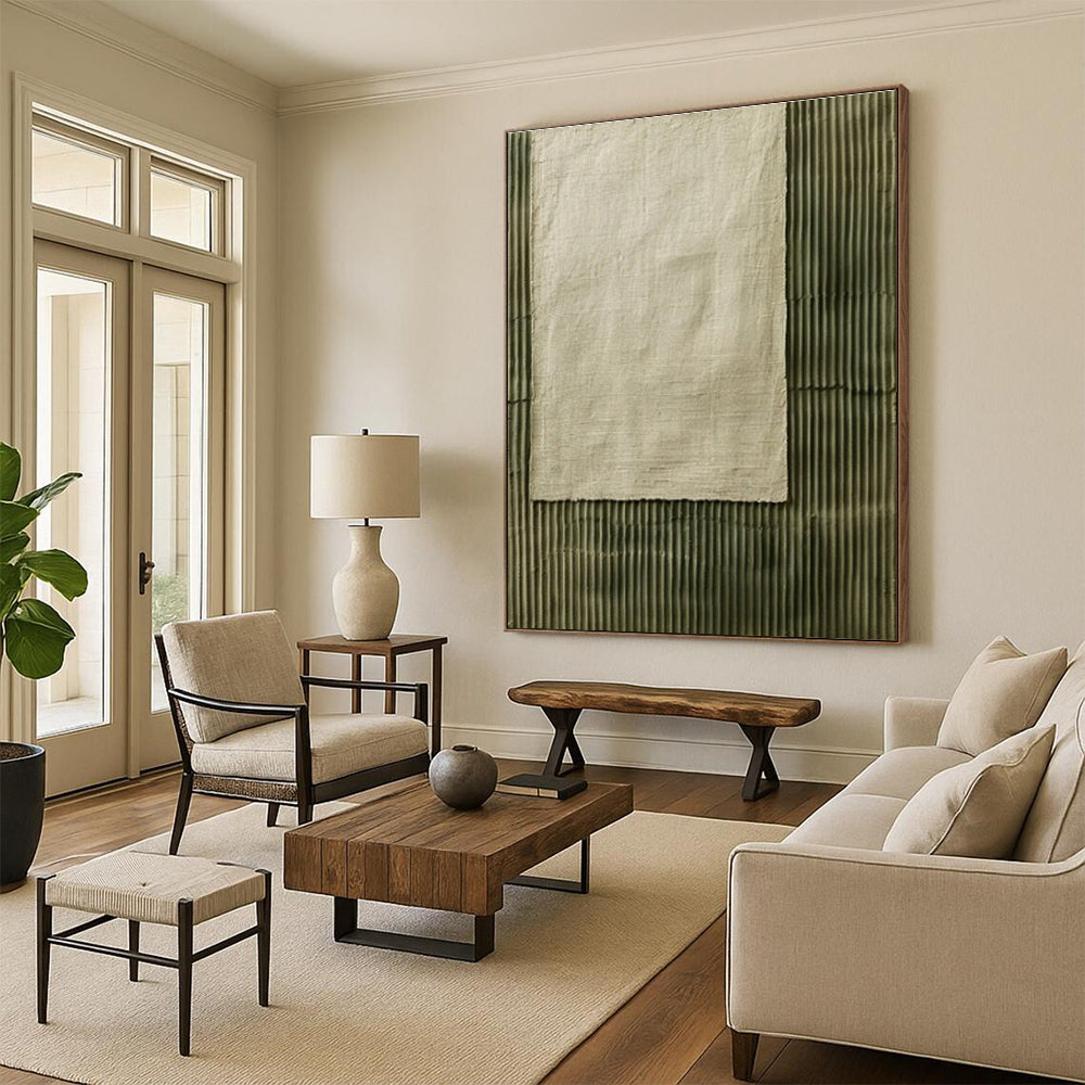 Unique Abstract Art Green Beige Textured Fabric Abstract Art PT356