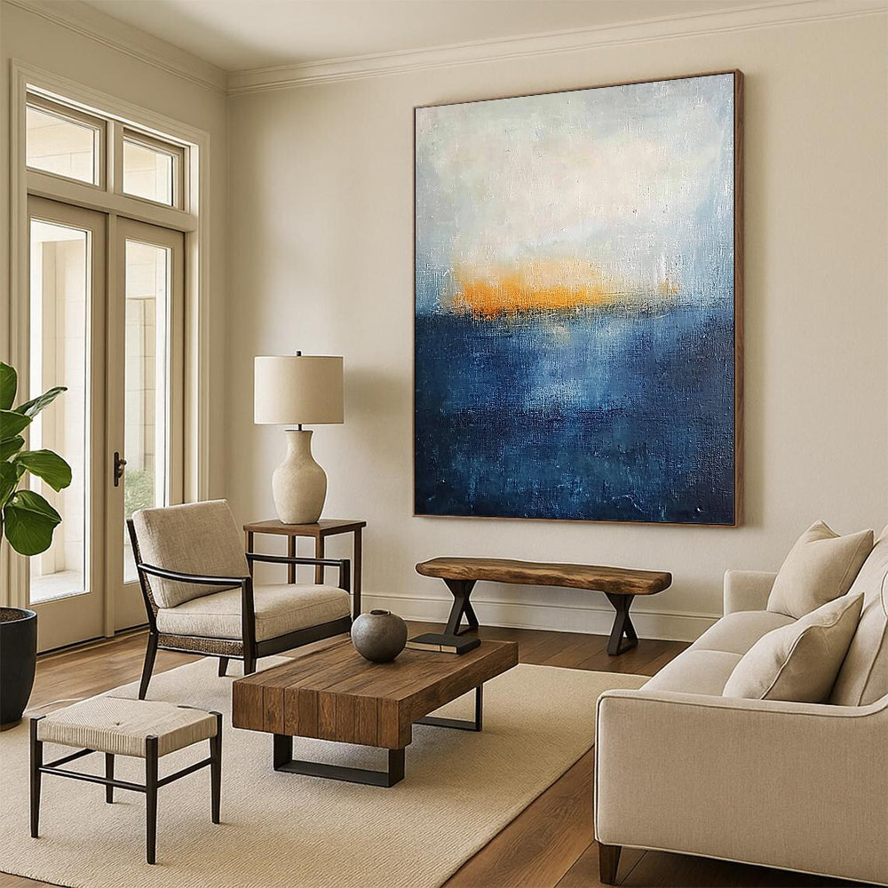 Minimalist Canvas Art Blue and Orange Abstract Sea and Sunset Painting DPS430