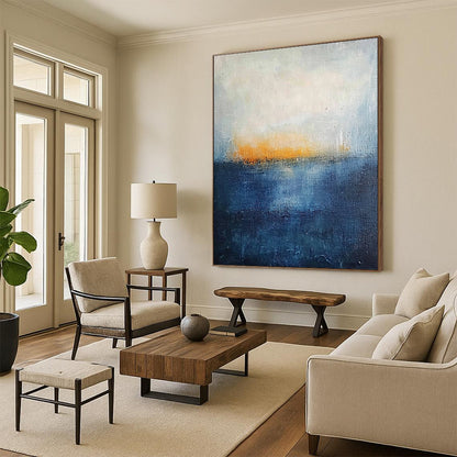 Minimalist Canvas Art Blue and Orange Abstract Sea and Sunset Painting DPS430