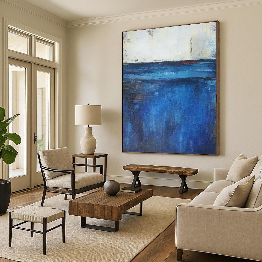 48x60 Blue & Gray Textured Seascape Abstract Painting On Canvas PT096