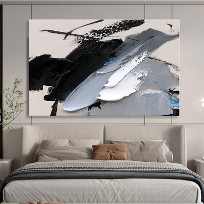 Minimalist Canvas Art Black, White, Gray & Blue Textured Abstract Painting On Canvas HPS087