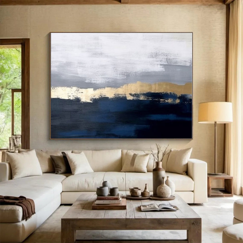48x60 Acrylic Modern Art Paintings with Blue, Gray & Gold Abstract Scene HPS144