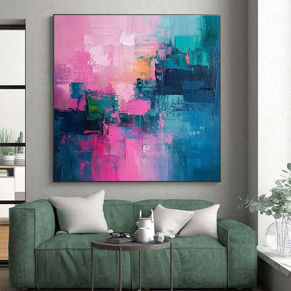Cool Abstract Paintings Pink, Teal, and Blue Geometric Abstract Art PT656