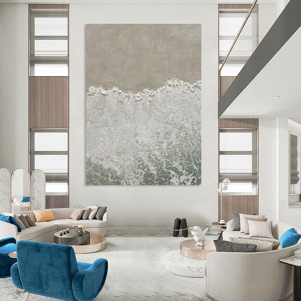 Large Painting In Living Room Gray, White, and Green Textured Abstract Seaside Art DPS480