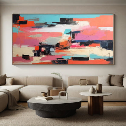 Hand-Painted Vibrant Coral, Pink, Teal, and Black Abstract Geometric Shapes Art PT231