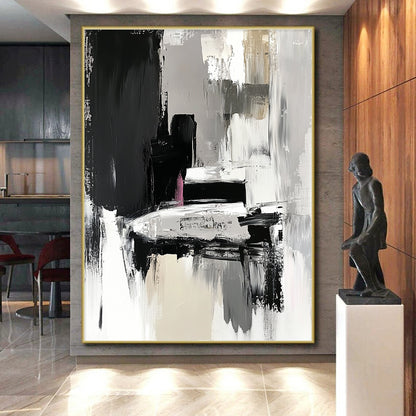 Large Abstract Painting For Living Room, Black Gray White Pink Abstract Textured Art PT151