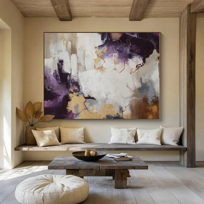 Modern Art Acrylic Purple, Gold & White Abstract On Canvas HPS045