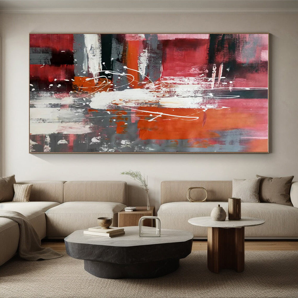 Large Painting In Living Room Red Orange Gray Textured Abstract Art PT400