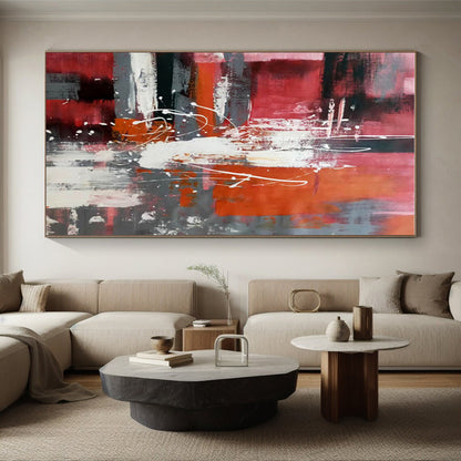 Large Painting In Living Room Red Orange Gray Textured Abstract Art PT400