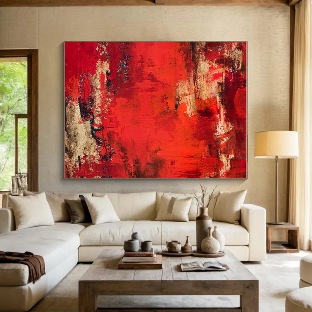 Hand-Painted Red Beige Abstract Textured Acrylic Art PT455