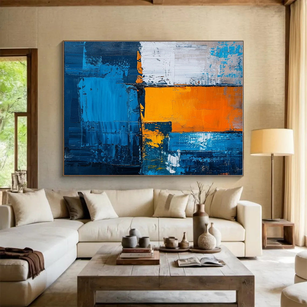 Unique Abstract Art Blue, Orange & White Geometric Abstract On Canvas HPS068